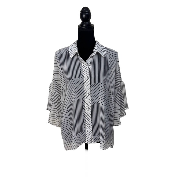 CABi white & black striped wheat button down blouse bell sleeve size large - Picture 1 of 12